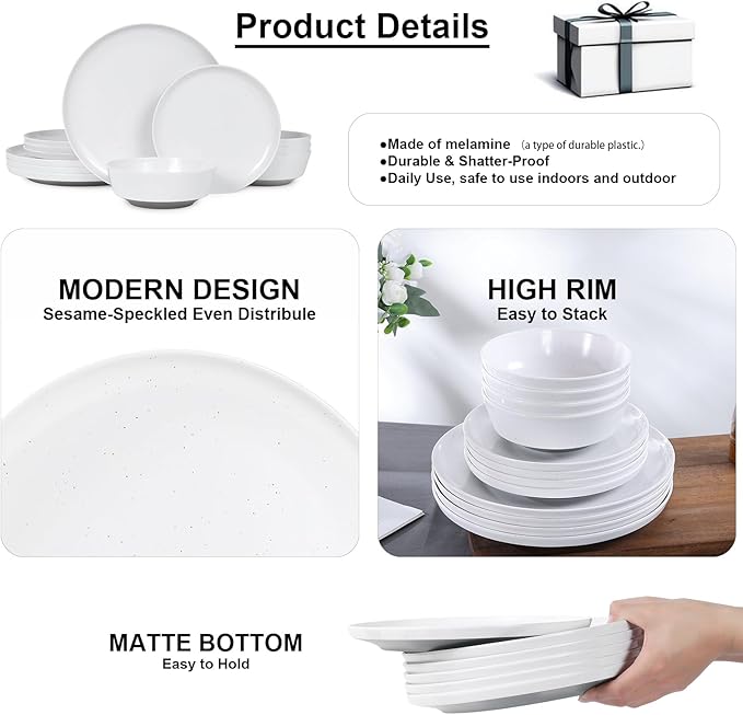Webbylee 12-Pieces Melamine Dinnerware Set - Unbreakable Plates & Bowls Set for 4, Lightweight Kitchen Dishes Idear for Camping, Picnic, Party,White & Grey