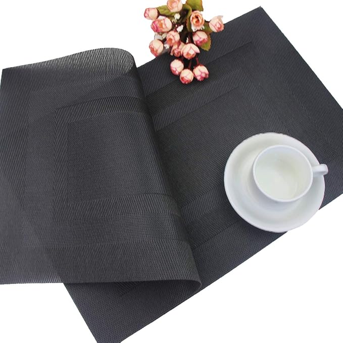 PIGCHCY Placemats Set of 8 Washable Durable Place Mats Vinyl Heat Resistant Non-Slip Table Mats Indoor Outdoor (Pure Black)