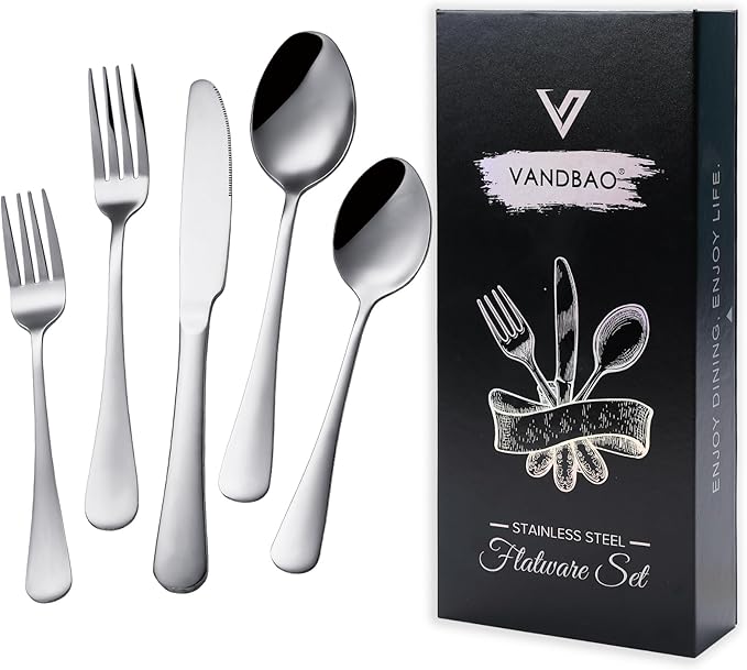 VANDBAO Silver Flatware Cutlery Silverware Set 20 Pieces, Stainless Steel Colorful Utensils, Tableware Set Service for 4, Include Knife/Fork/Spoon, Reusable, Mirror Polished, Dishwasher Safe