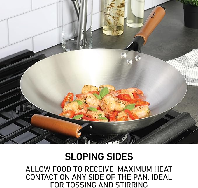 Oster Sangerfield 14-Inch Stainless Steel Wok With Wood Handles, Durable Non-Stick Stir Fry Pan for Gas and Electric Stovetops