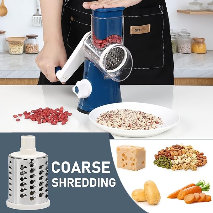 KEOUKE Rotary Cheese Grater Hand Crank Deep Blue - Shredder Slicer Grinder 3 Stainless Steel Blades, Stable Suction, Labor-Saving Handle, Safe Kitchen Tool for Cheese, Vegetable, Nuts, Chocolate