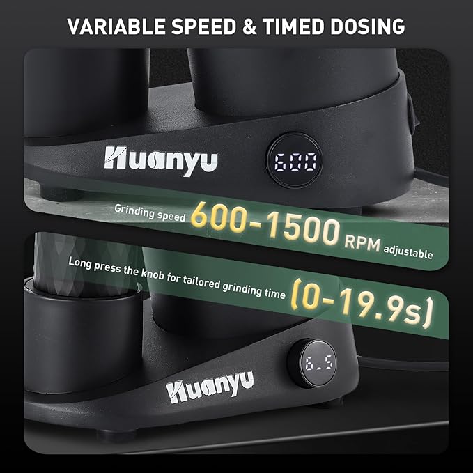 Huanyu Professional Coffee Grinder Adjustable RPM, Time-Based Dosing, Stainless Steel Flat Burr with 8 Stepless Grinding Settings
