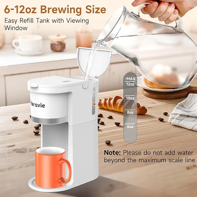 Small Single Serve Coffee Maker, Fast Brew One Cup Coffee Machine for K Cup and Grounds, 6 to 12 oz. Brew Sizes, Capsule Coffee Machine with Descaling Reminder and Viewing Tank, White