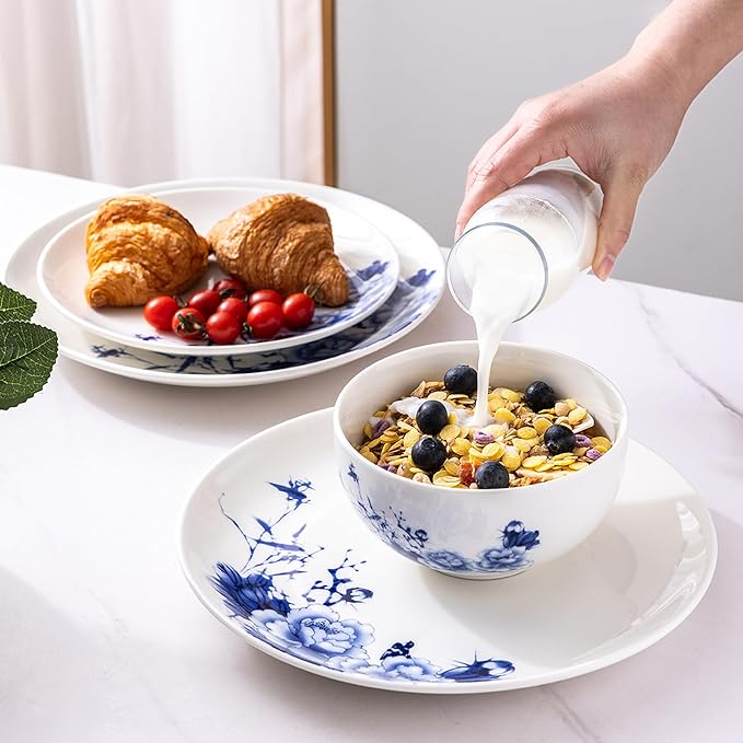 LERATIO Ceramic Dinnerware Sets,Blue and White Plates and Bowls Set,Highly Chip and Crack Resistant | Dishwasher & Oven & Microwave Safe | Round Dishes Set Service for 4 (12pc)- Peony