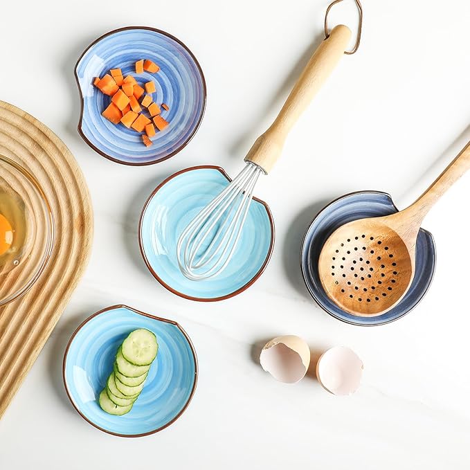 KitchenTour Spoon Rest for Stove Top, 4.7 inch Ceramic Spoon Holder for Kitchen Counter, Coffee Spoon Rest, Cooking Utensil Rest for Spatula, Set of 4, Assorted Cool Colors