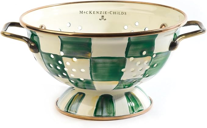 MACKENZIE-CHILDS Enamel Colander, Decorative Kitchen Strainer, Small, Green-and-White Emerald Check