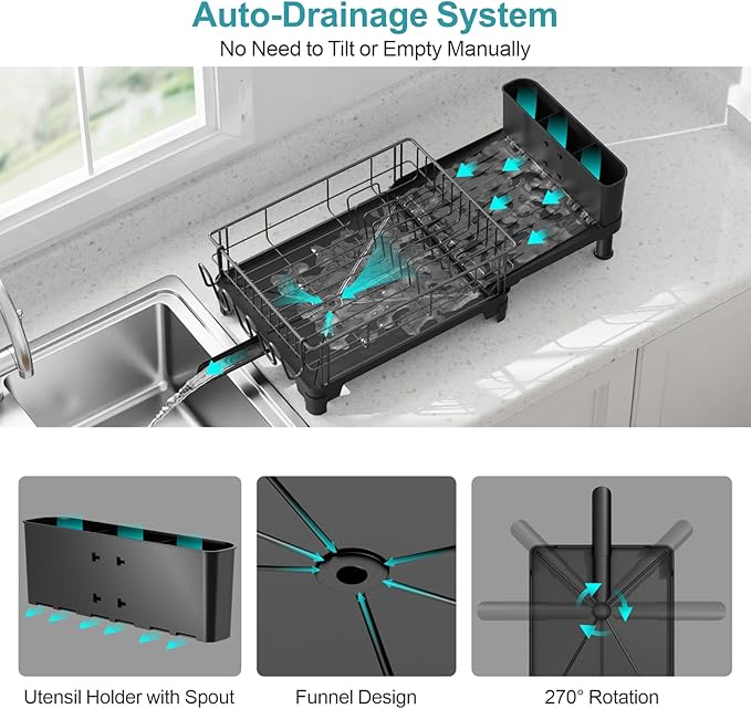 GSlife Expandable Dish Drying Rack - Large Dish Racks for Kitchen Counter with Pan Slot, Anti-Rust Sink Dish Drainer with Drainboard and Utensil Holder, 26.2" Lx12.6 W, Black