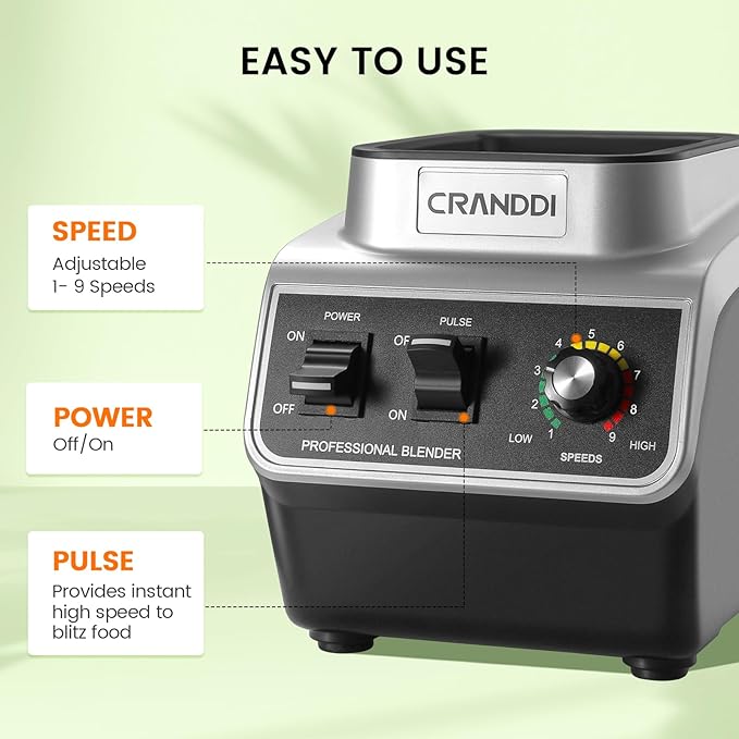 CRANDDI Professional Commercial Blender, Max 1500W, 80oz Pitcher, Powerful Blender with Tamper for Smoothie, Ice Crushing, Variable 9 Speeds Control, K96, Black