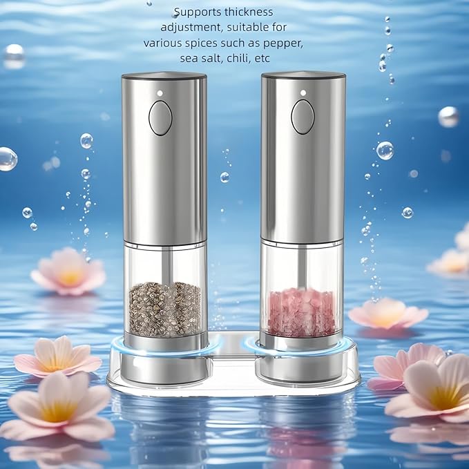 Electric salt and pepper grinder set with LED light. With USB port. Stainless steel automatic refillable 5 adjustable coarseness grinder