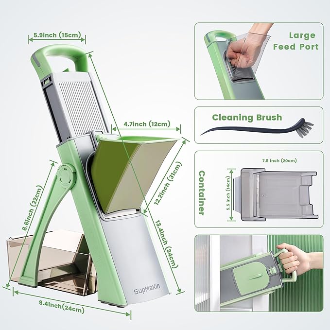 Upgrade Safe Mandoline Slicer for Kitchen, SupMaKin Bigger Entrance Vegetable Food Slice Potato Slicer Chopper, Adjustable Thickness Multi Mandolin, Julienne + Dicer Kitchen Must Haves Green