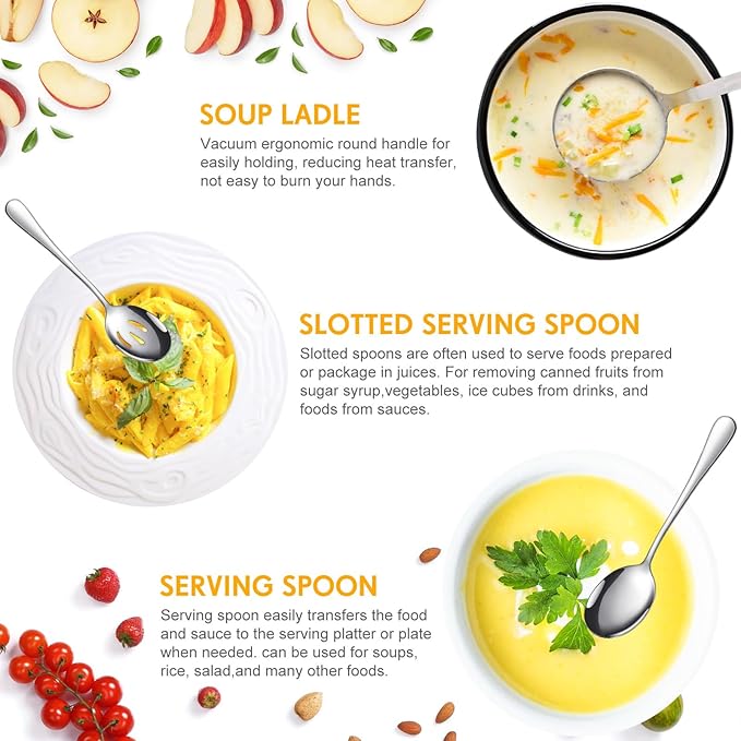 Patelai Serving Utensils Set Include Stainless Steel Large Spoons Slotted Spoons Forks Tongs Soup Ladle and Pie Server for Parties Buffet Catering, Dishwasher Safe(Silver,7 Pieces)