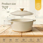 Overmont Enameled Cast Iron Dutch Oven - 7QT Pot with Lid Cookbook & Cotton Potholders - Heavy-Duty Cookware for Braising, Stews, Roasting, Bread Baking white