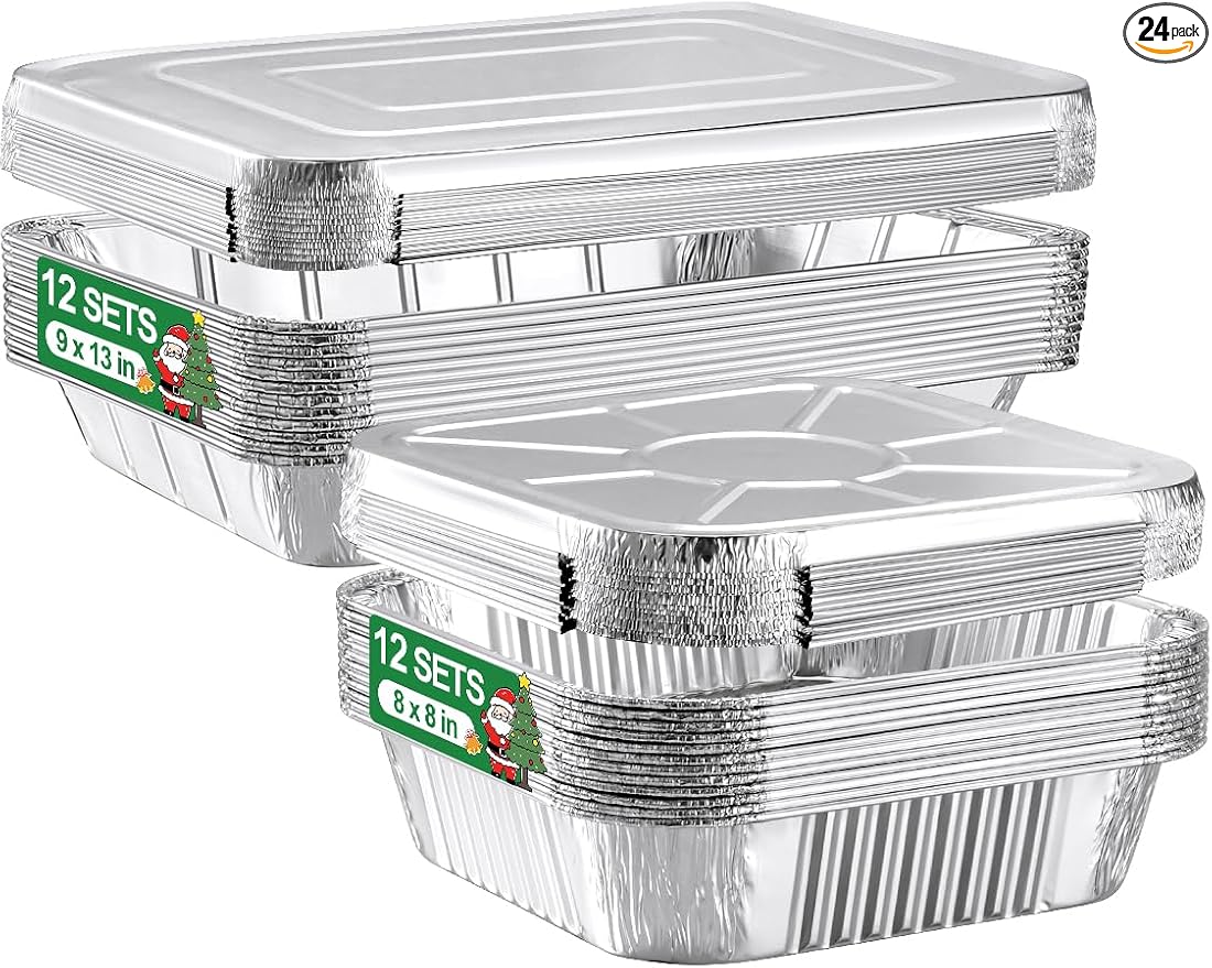 24 Pack Disposable Aluminum Pans with Lids Combo Set- 12 Large 9x13 Foil Pans Half Size & 12 Small 8x8 Tin Foil Baking Pans, Tin Trays Containers for Meal Prep, Food Cooking, Roasting, Heating