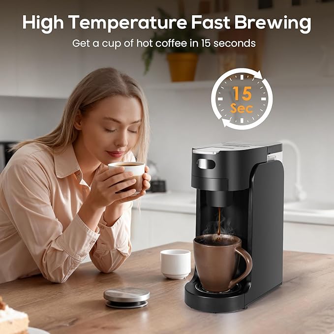 SOPPY Single Serve Coffee Maker for K Capsule, 3 Seconds Instant Hot with Adjustable Temperature Control, Dual Brew Modes, Transparent Water Tank & Removable Stand, Fast Brewing Coffee Machine, Black