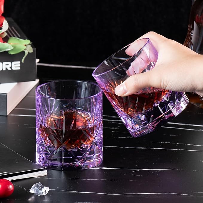 KAMMAK Crystal Whiskey Glasses Set, 8.12 oz (240 ml) Purple Old Fashioned Tumbler, Hand Blown Thick Base Colored Glass with Delicate Rim & Seamless Design for Scotch, Bourbon, Cocktails