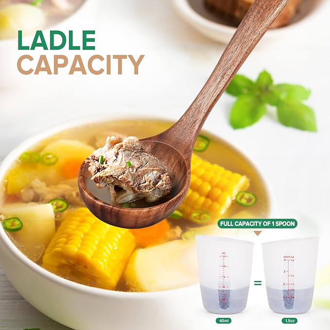 Wooden Spoons for Cooking,2 Pcs Wooden Utensil Set of Soup Ladle &Spaghetti Pasta Spoon with Teeth, Teak Wood Soup Ladle&Slotted Pasta Fork Strainer Spoon Set for Serving Collecting Noodle Gravy Sauce