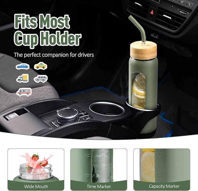 Kodrine Water Bottle with Straw, 24 oz Glass water Bottle with 2 Lids Bamboo Straw Lid and Spout Lid with Handle, 32 oz Clear Water Bottle Glass for Sports Travel, Waterbottle with Time Marker