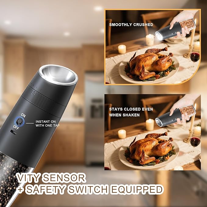 Electric Salt and Pepper Grinder Set – Rechargeable Gravity Automatic Pepper Mill Gift Set with LED Light & 6 Adjustable Coarseness