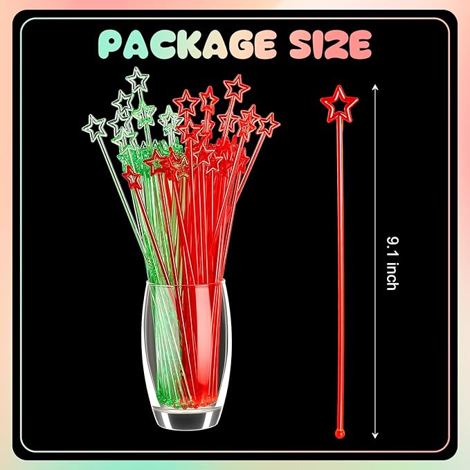 Mudder 100 Pieces 9.1 Inch Christmas Swizzle Sticks Cocktail Stirrers Plastic for Bar Disposible Plastic Star Top Crystal Swizzle Sticks for Christmas Party(Two Colors)