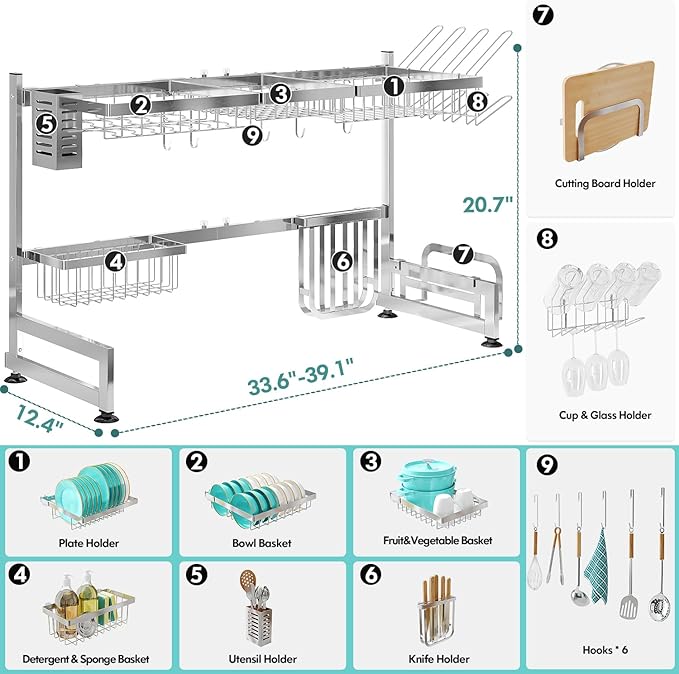 MAJALiS Over Sink Dish Drainer Drying Rack, 2 Tier Stainless Steel Dish Rack Over Sink Sink Length Adjustable (33.5-40 in), Expandable Drainer Shelf Rack with Multifunctional Organizers, Sliver