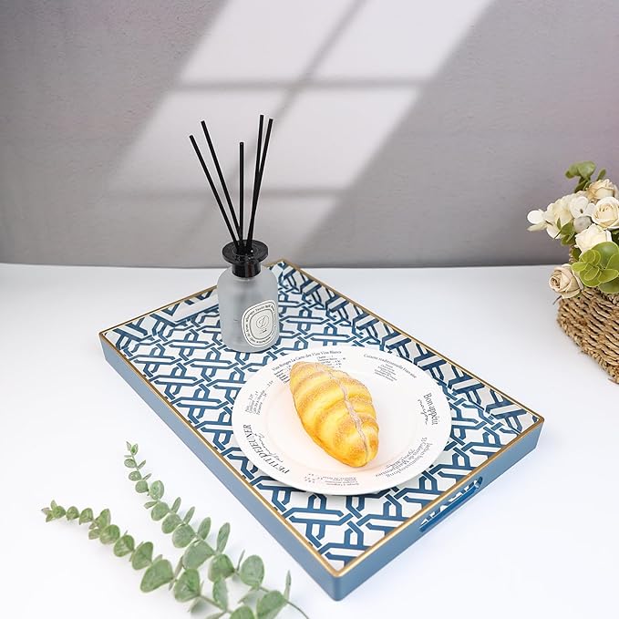 Spsyrine White Serving Tray, Plastic Marbling Tray for Coffee Table, Stylish Rectangular Decorative Tray with Handles, Ottoman Tray for Living Room, Bathroom, 15.6” X 10.2"