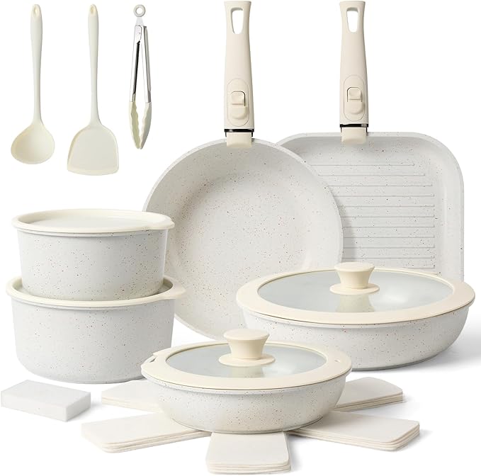 20 Pcs Pots and Pans Set Non Stick, Ceramic Cookware Set Detachable Handle, RV Kitchen Cooking Set Removable Handles, Oven Safe, Induction ReadyStackable Non-stick set, White