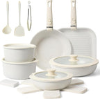 20 Pcs Pots and Pans Set Non Stick, Ceramic Cookware Set Detachable Handle, RV Kitchen Cooking Set Removable Handles, Oven Safe, Induction ReadyStackable Non-stick set, White