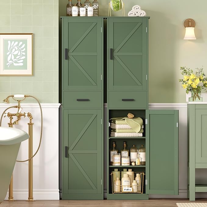 WEENFON Tall Bathroom Cabinet, Narrow Storage Cabinet with 6 Shelves & Drawer, Storage Cabinet with Adjustable Shelves, Tall Cabinet for Living Room, Home Office, Forest Green