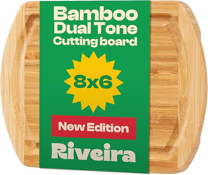 Riveira Two Tone Bamboo Wood Cutting Board – Gourmet Bamboo Grandeur: 8 x 8 Wooden Cutting Board – Wooden Cutting Boards For Kitchen Decorative – Innovative Juice Grooves Wooden Chopping Board
