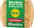 Riveira Two Tone Bamboo Wood Cutting Board – Gourmet Bamboo Grandeur: 8 x 8 Wooden Cutting Board – Wooden Cutting Boards For Kitchen Decorative – Innovative Juice Grooves Wooden Chopping Board