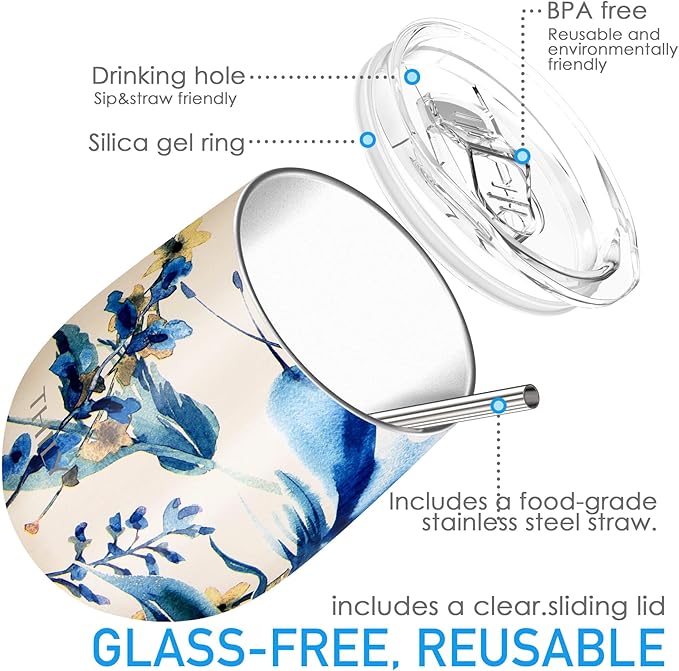 THILY Stainless Steel Insulated Wine Tumbler Stemless Wine Glass with Sliding Lid and Straw, Keep Coffee or Cocktails Cold, Cute Gifts for Women, 2 Pack(Iridaceae+Orchid)