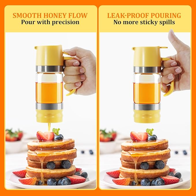Aelga Glass Honey Dispenser Pot, No Drip 9 OZ Honey Jar with Handle, Syrup Dispenser for Coffee or Tea, Yellow