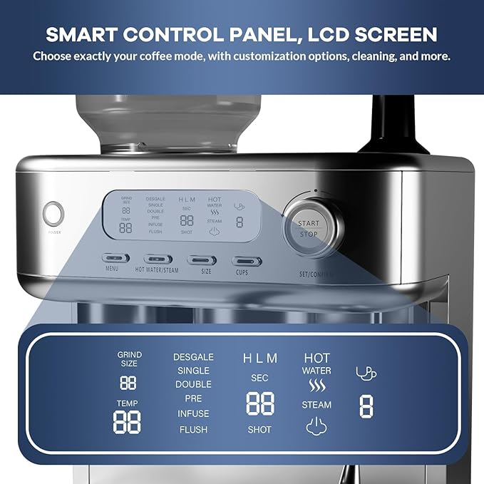 Automatic Espresso Coffee Machine with Grinder, Steam Milk Frother, LCD Display, 78 OZ Removable Water Tank for Cappuccino and Latte