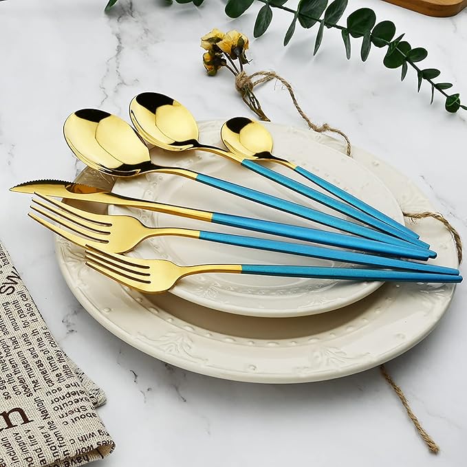 24Pcs Gold Mirror Silverware Flatware With Blue Handle, 18/0 Stainless Steel Cutlery Set Utensils Kitchen Dinnerware Include Knife Fork Spoon and Teaspoon, Service for 4