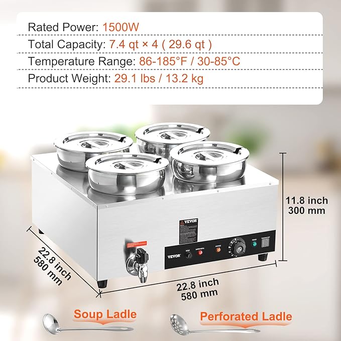 VEVOR Electric Soup Warmer, Four 7.4QT Stainless Steel Round Pot 86~185°F Adjustable Temp, 1500W Commercial Bain Marie with Anti-Dry Burn and Reset Button, Soup Station for Restaurant, Buffet, Silver