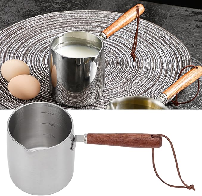 Turkish Coffee Pot Milk Warmer Pot 450ML Stainless Steel Butter Warmer Mini Butter Coffee Milk Pot Small Saucepan with Wooden Handle for Chocolate Heating Camping