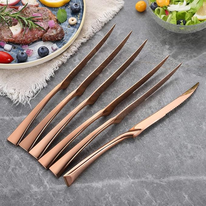 Lemeya Stainless Steel Rose Gold Steak Knives Set of 6,Forge Steak Knife,Serrated Steak Knives Set,6 Piece Heavy Steak Knives-10 inch,Mirror Polished,Dishwasher Safe