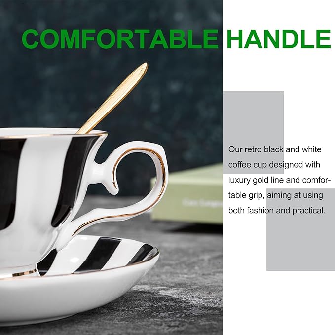 3-Piece Checkered Coffee Cup and Saucer Set with Spoon, 7oz Bone China Porcelain, Black-and-White Vintage Mug Set for Home Office and Afternoon Tea, Elegant Gift Choice