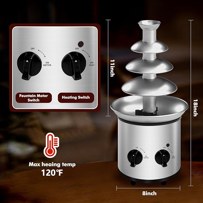 Chocolate Fountain Machine Electric Chocolate Fondue Fountain Machine Stainless Steel 4-Pound Capacity for Chocolate Candy Butter Cheese (4-Tier)