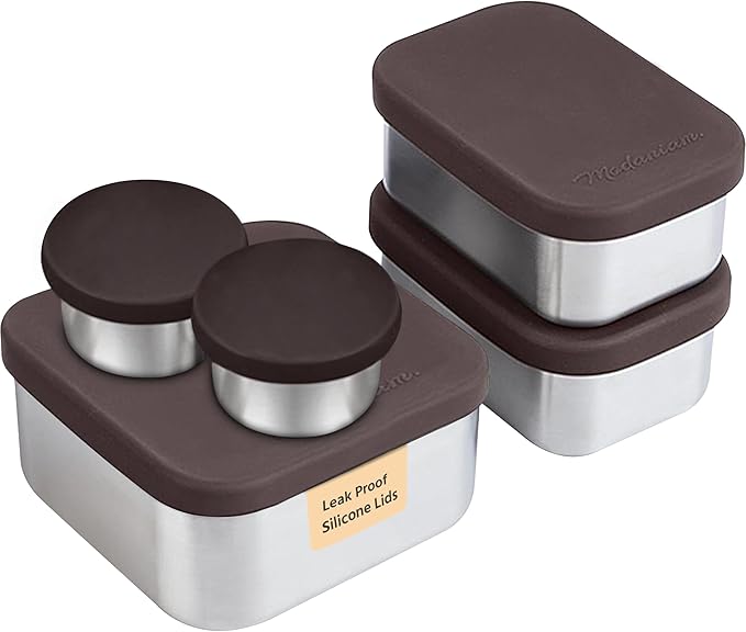Flexibento - Leak proof Stainless Steel Lunch Box | Lunch Containers| Bento Box | 25 OZ, 2 * 12OZ, 2 * 1.5 OZ set |Snack Containers |Metal Lunch Box |SIlicone Lids|Meal Prep - Mocha Brown