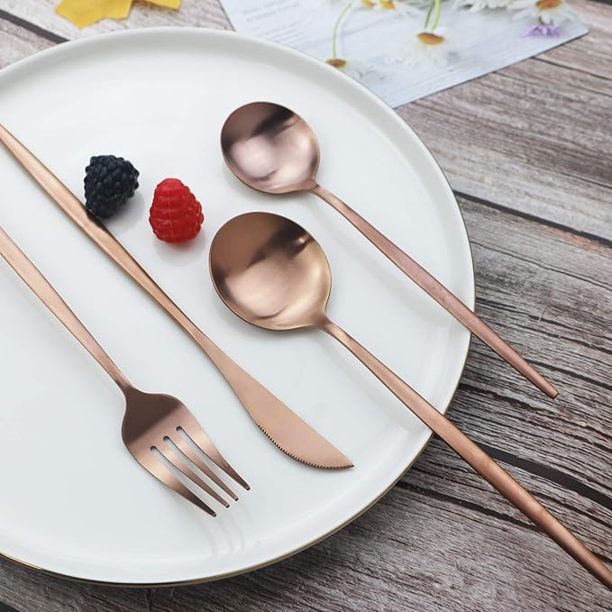 JASHII Flatware Silverware Set Stainless Steel Satin Finish Cutlery Set Service for 6, 30-Piece Spoons And Forks Kitchen Utensil Set, Dishwasher Safe (Matte Rose Gold)