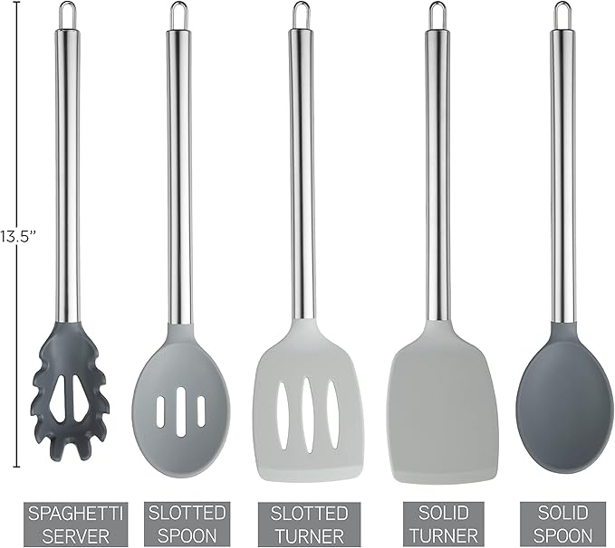 COOK WITH COLOR Silicone Cooking Utensils, Kitchen Utensil Set, Easy to Clean Silicone Kitchen Utensils, Cooking Utensils for Nonstick Cookware, Kitchen Gadgets Set, 5 Pieces, Grey Ombre