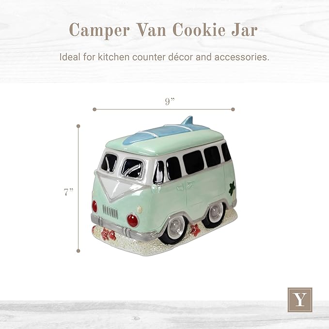 Young's Inc. Ceramic Cookie Jar - Cute Kitchen Counter Storage Canister with Lid - Perfect for Cookies, Coffee, Tea, Candy, Dog Treats, and More - Camper Van - Green, White, Blue