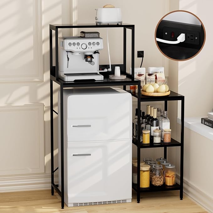 Mini Fridge and Microwave Stand Over Refrigerator Storage Shelf with Power Outlet, 5 Tiers Adjustable Bakers Rack Cabinet Coffee Bar Appliance Organizer for Dorm Office,Black