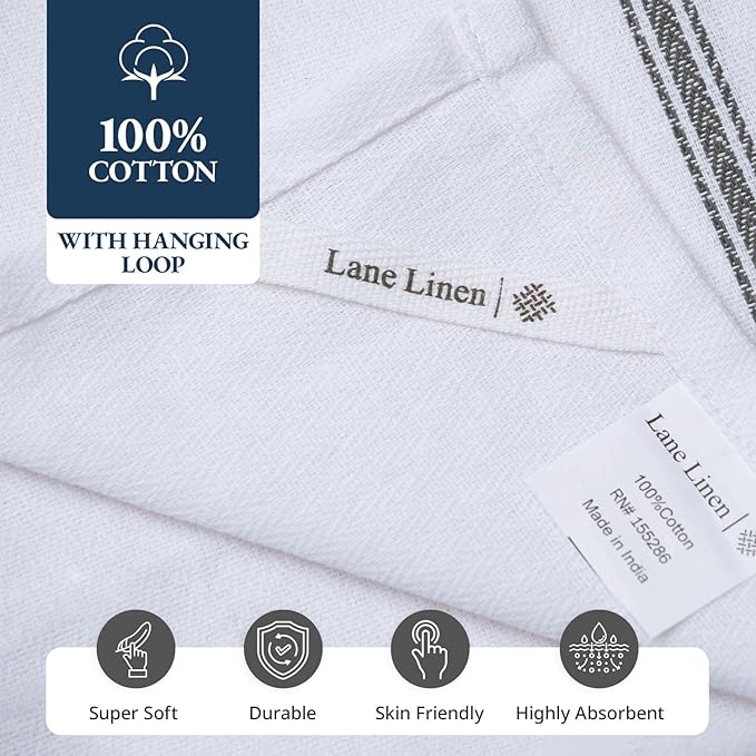 LANE LINEN Kitchen Hand Towels, 12 Pack Dish Towels for Kitchen Drying, 100% Cotton Super Absorbent Tea Towel, Quick Dry, 14"x25", Useful for Cleaning Countertops, Durable for Daily Use - Grey Stripe