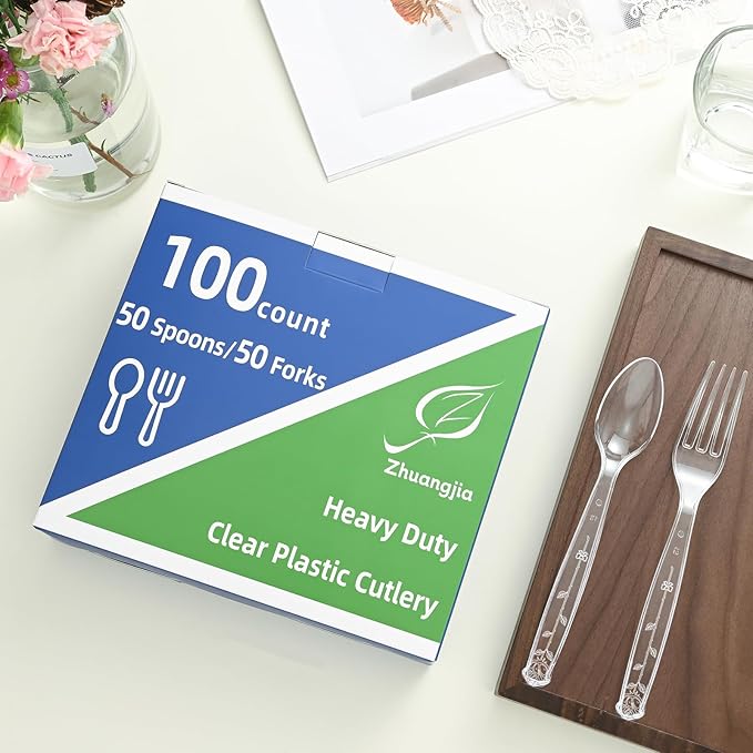 100 Count Extra Heavy Duty Clear Plastic Forks Disposable, BPA-Free, Heat Resistant, Durable Disposable Forks Bulk for Catering & Events 、Party Supplies