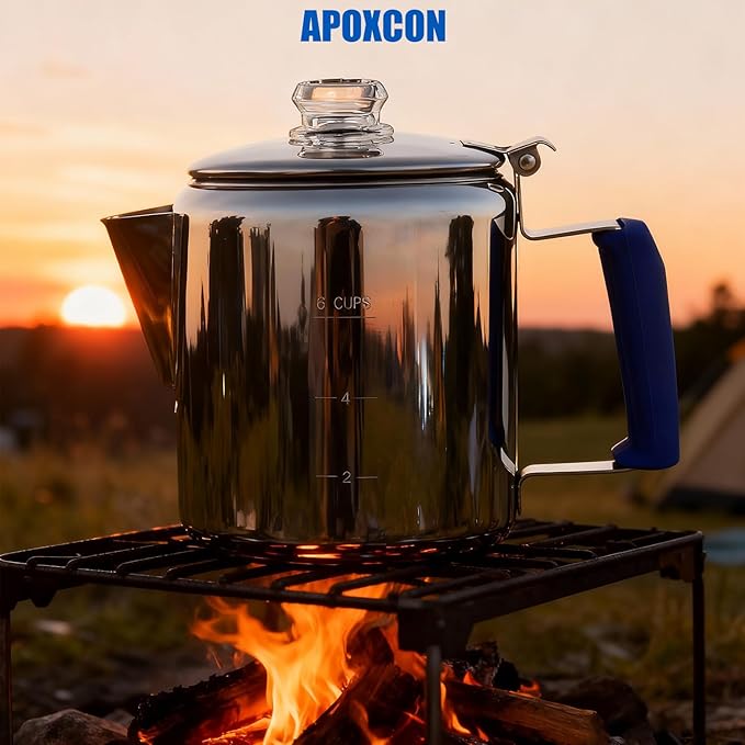 Multi Use Percolator Coffee Pot Stainless Steel Stove Top Coffee Maker with Two Tough Borosilicate Glass Knob Silica Handle Camping Coffee Pot Using on Campfire Stove & Induction Cooker Silver 6 Cup