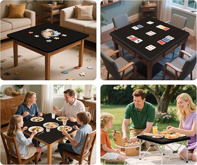 SereneGrace Elastic Card Table Cover, Windproof Tablecloth 34x34 Inch Reusable Spandex Fitted Stretch Square Folding Table Cloth for Board Games, Dining Room, Puzzle Solving, Camping, Black