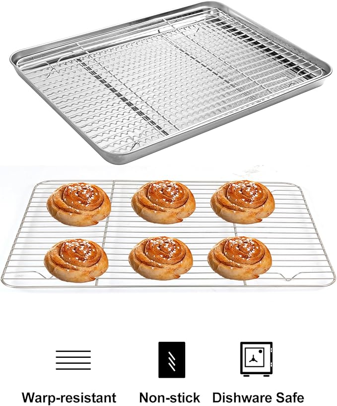 Stainless Steel Baking Sheet with Rack Set, Cookie Sheet with Cooling Rack, Set of 6 (3 Sheets + 3 Racks), Easy Clean