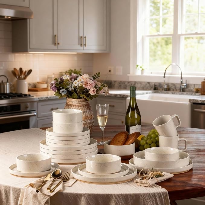 AmorArc Ceramic Dinnerware Set for 6 | Speckled Stoneware Plates and Bowls with Rustic Terracotta Underside| Scratch Resistant,Dishwasher & Microwave Safe Dishes Sets- 18pcs Beige
